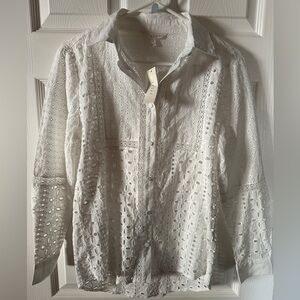 New! Adiva White Eyelet Lace Button-Down Blouse – Size Small